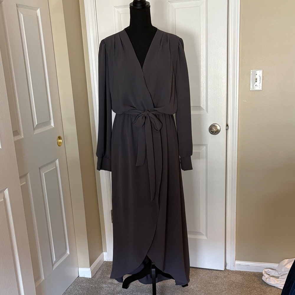 Chic Charcoal Long Sleeve Faux Wrap Dress